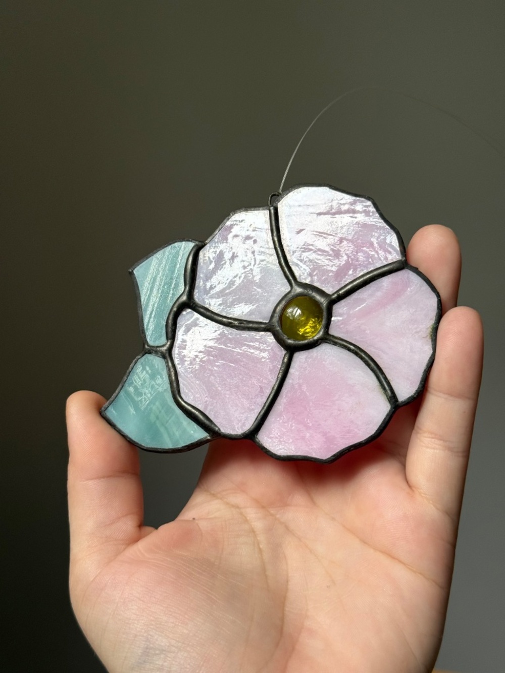 Hanging Handmade Stained Glass Pink Wild Rose 3.25x4" Ornament Sun Catcher